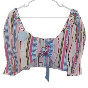Hill House The Isabella Top Rainbow Stripe Puff Sleeve Bow Square Neck XL Resort